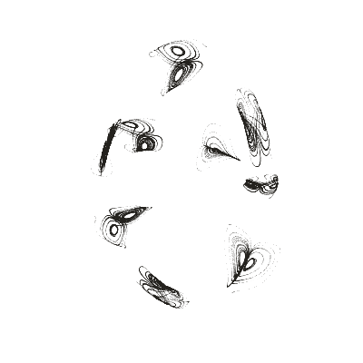 Monochrome generative point study “Lorenz Lantern,” a mathematical form rendered in black and white.