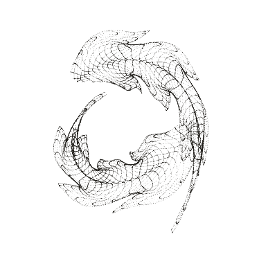 Monochrome generative point study “Symmetric Moth,” a mathematical form rendered in black and white.