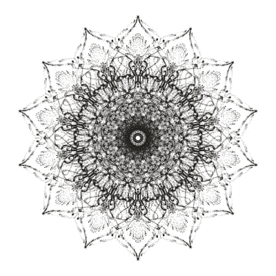 Monochrome generative point study “Sevenfold Echo,” a mathematical form rendered in black and white.